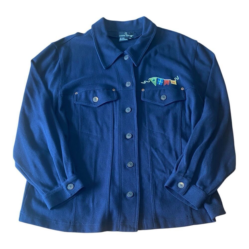 Carole Little embroidered flag long sleeve navy blue jacket size 2X - Picture 3 of 9